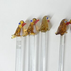 Cocktail Stirrers Brown Birds Hand Blown Glass Set of 8 Vintage Swizzle Sticks